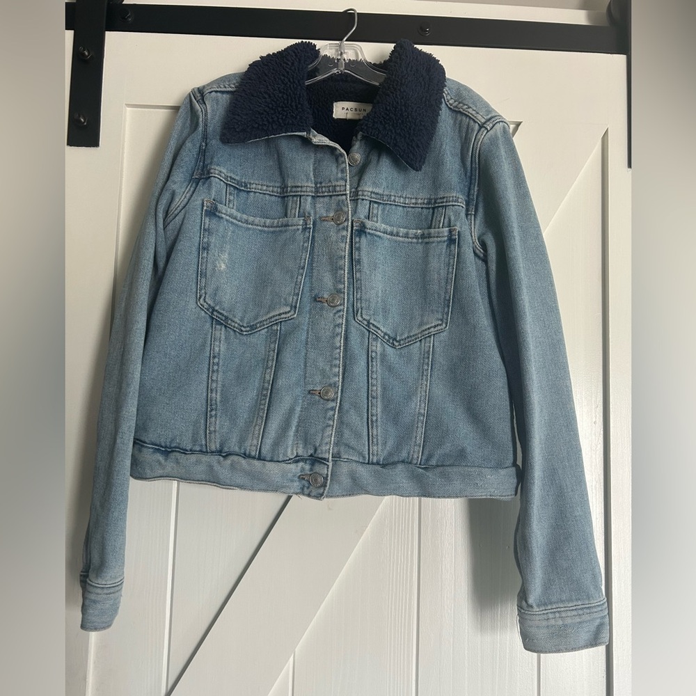 PacSun Blue Cropped Jean Jacket with Sherpa Lining